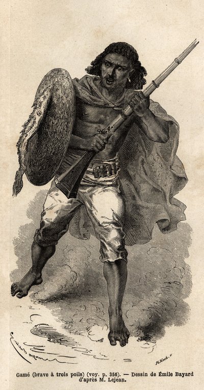 The Game, eller modig har tre hår, abessinisk pistolsoldat. Indgravering til illustration af turen til Abessinien, i 1862 af Guillaume Lejean, i "Le tour du monde, nouveau journal des voyages"" udgivet under ledelse af Edouard Charton af Unknown artist