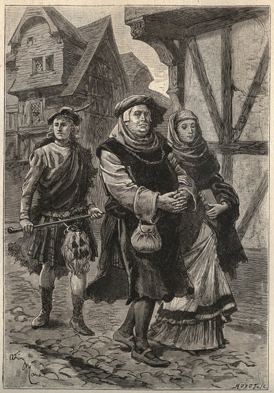 The Gartier (The Glover), der ledsager sin datter til kirken - 1800-tallets illustration til den historiske roman "The Pretty Girl of Perth or Valentine