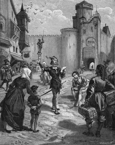 Den tyske ridder, digter og humanist Ulrich von Hutten (1488-1523) erklærer et af sine digte på gaden. Indgravering af det 19. århundrede. I "Histoire de France" af Jules Michelet af Unknown artist