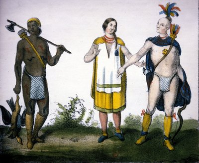 Indianerne i Canada: en jæger (acadian), en kvinde og en kriger. litografi af "Universal Gallery of all peoples of the world", Milano af Unknown artist