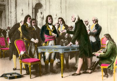 Den italienske fysiker Alessandro (Alexandre) Volta (1745-1827) præsenterer sin bunke til Napoleon Bonaparte. 1801 Privat samling af Unknown artist