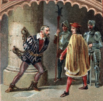 Kongen af Frankrig Ludvig XII har Ludovic Marie Sforza, kendt som More (Ludovico Maria Sforza detto il Moro) (1452-1508) indespærret i slottet Loches, i Touraine. Kromolitografi i slutningen af det 19. århundrede af Unknown artist
