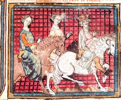 Kongen af Francs Chilperic I (543-597) og Fredegonde en hesteminiature fra "" Grandes Chronicles de France"" 1375-1379 kommunale bibliotek, Castres af Unknown artist