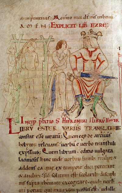 Kongens retfærdighed Mellem 1098 og 1109 En kongekranse sidder på en trone og holder et sværd ved siden af en hængende scene. Side taget fra et manuskript "" Kommentarer fra Saint Hieronymus"" af Unknown artist