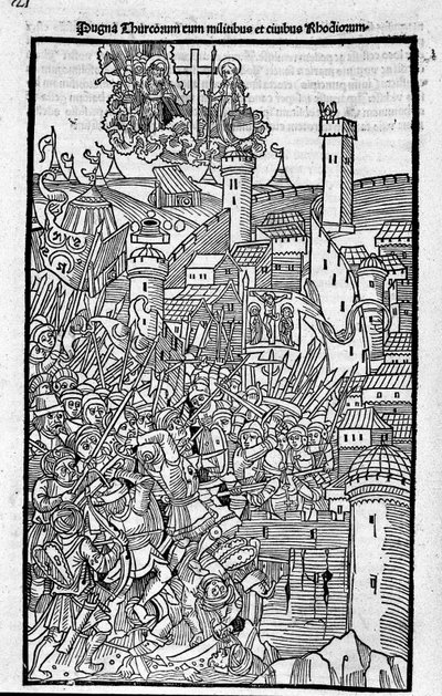 The Knights of Rhodes (Ordenen af ​​Hospitallers of St. John of Jerusalem) angriber Rhode Island i "" Rhodiorum History"" af Guilelmus Caorsin, Ulmae, Joh. Regeringen oktober af Unknown artist