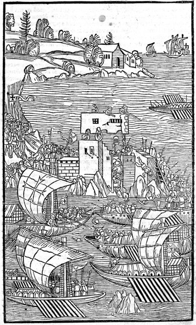 The Knights of Rhodes (Ordenen af ​​Hospitallers of St. John of Jerusalem) angriber Rhode Island i "" Rhodiorum History"" af Guilelmus Caorsin, Ulmae, Joh. Regeringen oktober af Unknown artist
