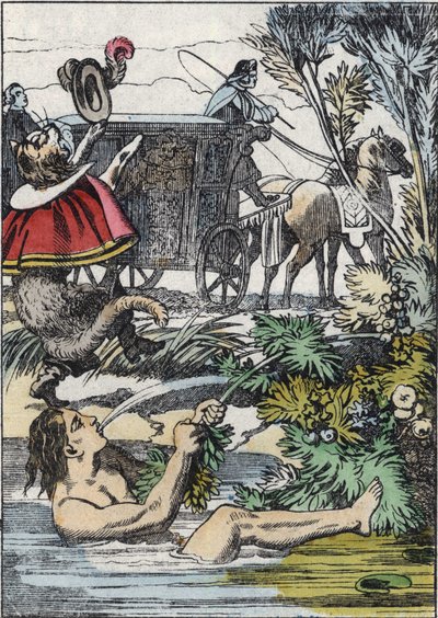 Markisen de Carabas lader som om han drukner, mens støvlekatten tilkalder hjælp. Illustration af fortællingen "The cat botte" af Charles Perrault af Unknown artist