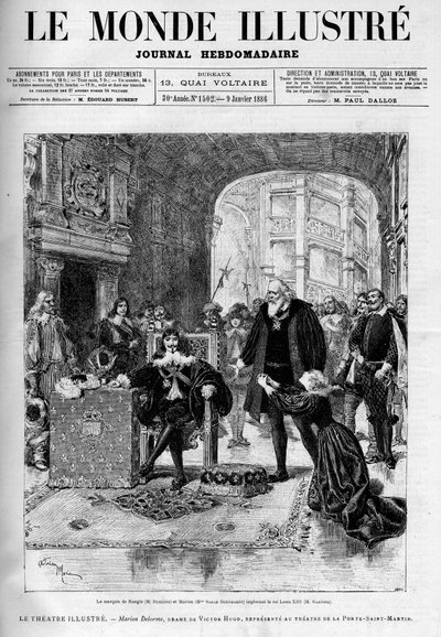 Marquis de Nangis (fortolket af Dumaine) og Marion (af Sarah Bernhardt) bønfalder kong Louis XIII (Garnier). Teaterstykket "" Marion Delorme", drama af Victor Hugo (1802-1885) skildrer ved teatret ved Sankt Martins dør efter at være blevet forbudt af af Unknown artist