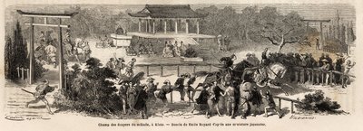 Mikado (kejser af Japan) væbnermarken i Kioto (eller Kyoto), trænings- og træningsbane for kejserlige heste. Indgravering til illustration af rejsen til Japan i 1863-1864 af Aime Humbert, minister for Det Schweiziske Forbund, i "Le tour du monde, nouveau af Unknown artist