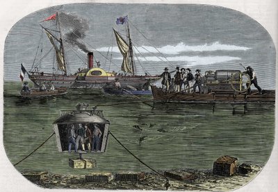"Nautilus"-dykkerklokken fra Dr. Antoine Prosper Payerne eksperimenterede i Seinen i Paris og blev derefter perfektioneret i USA. Indgravering (1858) i Le "" Monde illustrious"". af Unknown artist