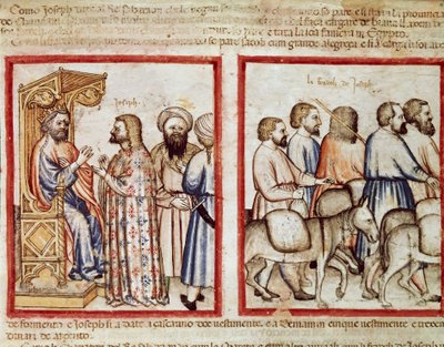 Faraoen fortæller sin drøm til Joseph Miniature fra Codex 212 (eller Padovan eller Bible of Padua) 1390-1400 Rovigo, Accademia dei Concordi af Unknown artist