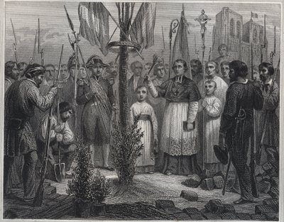 Plantagen af ​​et frihedstræ under revolutionen (frihedspol) - Plantage af et frihedstræ (poppel) i Frankrig under den franske revolution - Indgravering i "Les Fastes Populaires, ou Histoire des acts heroiques du peuple et de son influence af Unknown artist