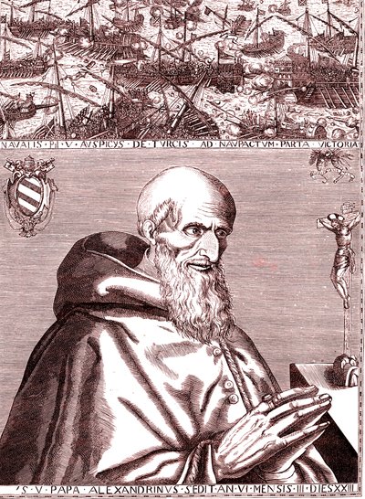 Pave Pius V indgår alliance med den spanske flåde og Venedigs italienske flåde mod tyrkerne i slaget ved Lepante i oktober 1571 af Unknown artist