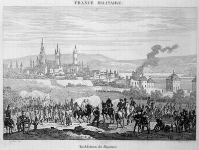 De preussiske tropper overtog fra franskmændene byen Mainz (eller Mainz) i Tyskland, juli 1793. Indgravering af det 19. århundrede. af Unknown artist