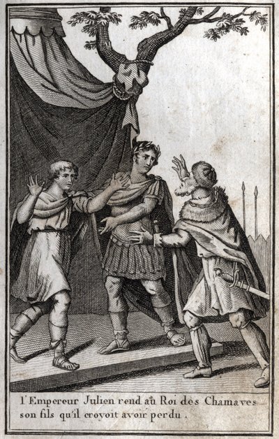 Den romerske kejser Julian (Flavius Claudius Julianus, Julian den Frafaldne, Julian Filosoffen, Julian II) (332-363) giver tilbage til kongen af det germanske folk i Chamaves sin søn, som han troede, han havde mistet. 4. århundrede. Indgravering i "Beaute  af Unknown artist