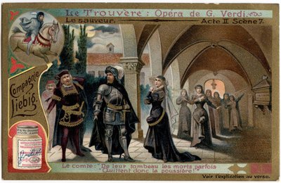 The Save Act II scene 7.Illustration til operaen "" Fundet"" (Il trovatore) af Giuseppe Verdi (1813-1901). Kromolitografi (Chromo) Liebig fra slutningen af 1800-tallet. af Unknown artist
