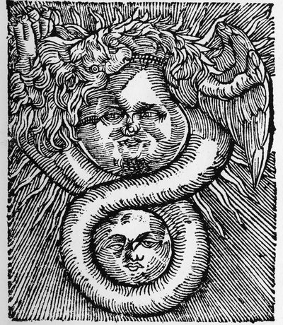 Solen og månen: forenet af dragen - gravering fra Basil Valentines værk "Filosofernes Azoth". Paris af Unknown artist