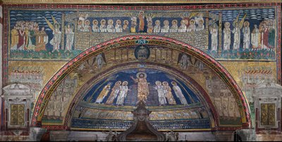 Visionen om det himmelske Jerusalem: De udvalgte bydes velkommen af englene. Nedenfor Guds lam. Detalje. Mosaik omkring 830. Triumfbue for basilikaen Santa Prassede, Rom af Unknown artist
