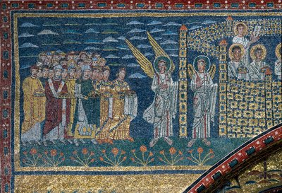 Visionen om det himmelske Jerusalem: De udvalgte bevæger sig mod byen bevogtet af engle. Detalje. Mosaik omkring 830. Triumfbue for basilikaen Santa Prassede, Rom af Unknown artist
