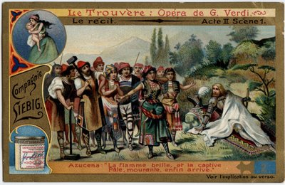 Akt II scene 1.Illustration til operaen "" Fundet"" (Il trovatore) af Giuseppe Verdi (1813-1901). Kromolitografi (Chromo) Liebig fra slutningen af 1800-tallet. af Unknown artist