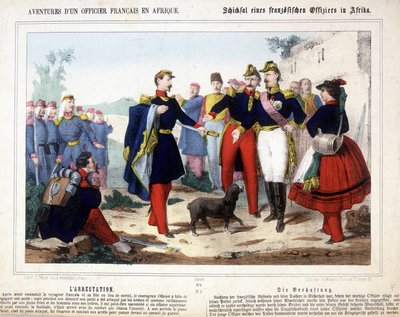 En fransk officers eventyr i Afrika. Den unge officer, lederen af en post, der blev angrebet af araberne, blev afvæbnet og bragt til arrestation for et krigsråd. af Unknown artist