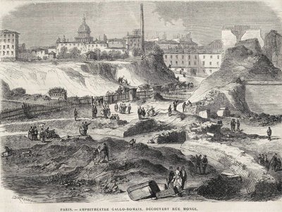 Amfiteateren Gallo Romain opdagede i Rue Monge i Paris i 1870, i dag Arenes de Lutèce. Indgravering af det 19. århundrede. af Unknown artist