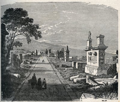 Den gamle Appia-rute, via Appia krydser pontins-mossen (Agro pontino) nær Rom. Indgravering af det 19. århundrede. af Unknown artist