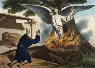 Englen dukker op i Gideon (Gideon) for at befri Israels folk fra madianitternes besættelse. Anonym stik fra midten af 1800-tallet. af Unknown artist
