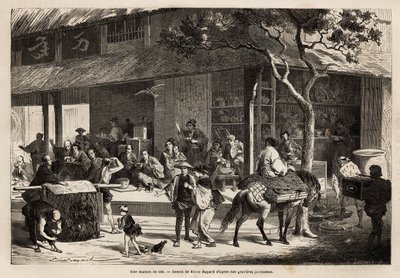 Animationen af et hus og gadens aktiviteter. Indgravering til illustration af rejsen til Japan i 1863-1864 af Aime Humbert, minister for Det Schweiziske Forbund, i "" Le tour du monde, nouveau journal des voyages"" udgivet under ledelsen af Unknown artist
