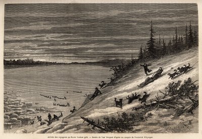 Ankomsten af passagerer med hundeslæde ved Yukon-floden (det ekstreme nordlige Canada) fryser fuldstændig til. Gravering for at illustrere rejsen og eventyrene i engelsk Colombia, Vancouver Island og Alaska, af Frederick Whymper af Unknown artist