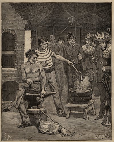 Glaskunsten: oplevelse af bataviske tårer. Dråber af smeltet glas falder ned i et koldt vandbad, som fryser i form af tårer. Indgravering fra 1885 i "" Les arts et metiers illustres"" af Adolphe BITARD. af Unknown artist