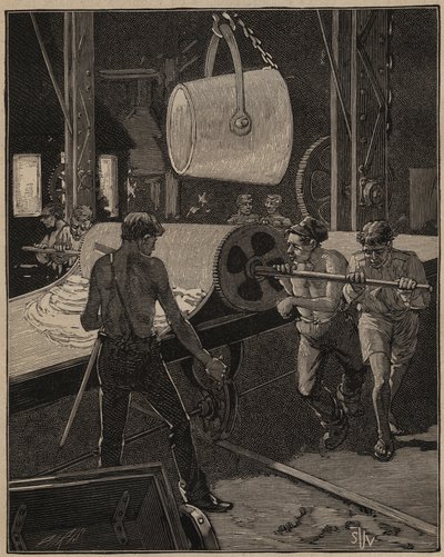 Glaskunsten: at lave is. Trin kaldet "det store flow". Indgravering fra 1885 i "" Les arts et metiers illustres"" af Adolphe BITARD. af Unknown artist
