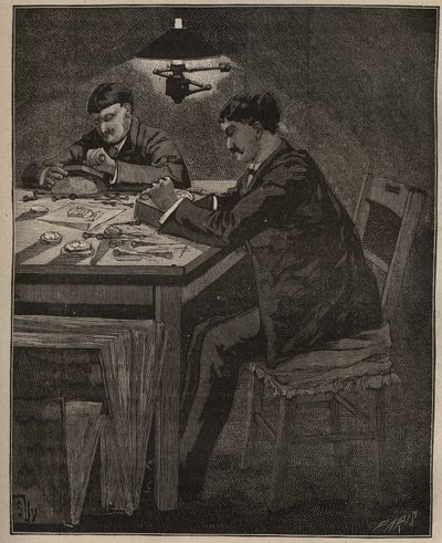 Kunsten at lapidary: indgravering af camee shell (camee-shell). Indgravering fra 1885 i "" Les arts et metiers illustres"" af Adolphe BITARD. af Unknown artist