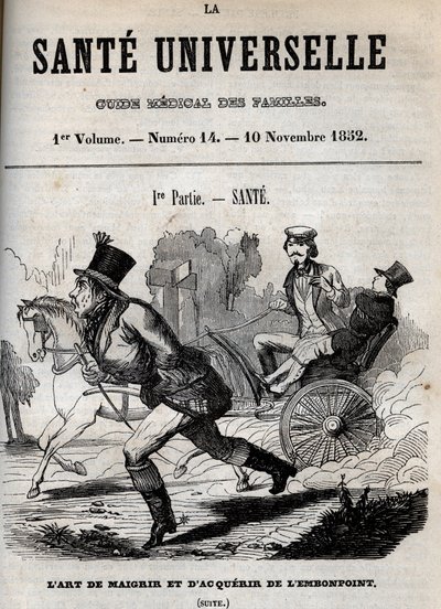 Kunsten at tabe sig og blive overvægtig: en mand går, mens en anden bliver transporteret i en vogn - indgravering i "La Sante Universelle - Guide Medical des Familles"" 1852 af Unknown artist