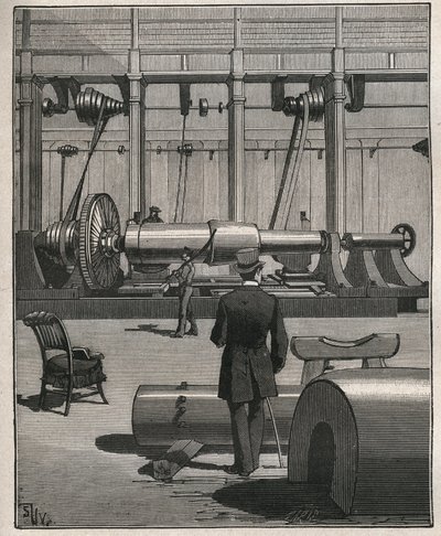 Kunsten at rejse: at skyde en stålmonsterkanon. Indgravering fra 1885 i "" Les arts et metiers illustres"" af Adolphe BITARD. af Unknown artist