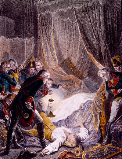Mordet på Paul I Petrovich (1754-1801), russisk zar på sit værelse i Sankt Michaels palads efter at være blevet tvunget til at underskrive sin abdikation. Stik omkring 1801. Privat Samling af Unknown artist