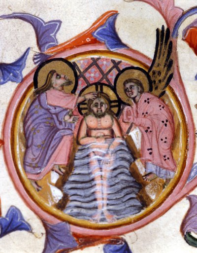 Kristi dåb i Jordan af Johannes Døberen - efter en miniature af et manuskript fra det 14. århundrede. af Unknown artist