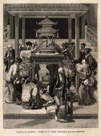Dåben af Buddha, en årlig fest, der finder sted den 8. dag i den 4. måned, vander tilhængerne bronzestatuen af Buddha, der er udsat til lejligheden foran templerne. Gravering til illustration af rejsen til Japan, af Aime Humbert, min af Unknown artist