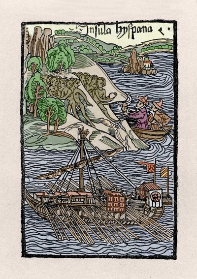 Barken ved Hispaniola af Christopher Columbus (1451-1506). Indgravering fra “” De insulis in mare Indico super inventis””, Bale 1493-1494 (latinsk oversættelse af Columbus