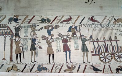Kampen mellem de engelske infanterister (Harolds tropper) og normannerne til hest (Guillaumes tropper) - Bayeux-tapet, kendt som Broderi af Dronning Mathilde af Unknown artist