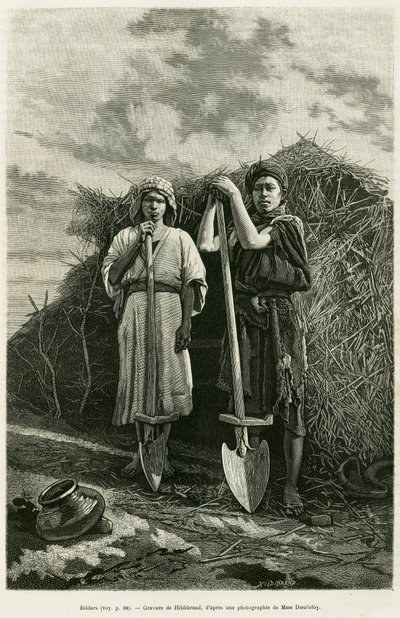 Bildarerne, ejere af en beche, er sigtet for at grave afløbet fra hvedemarkerne i Karoun-regionen. Gravering til illustration af historien La Perse, la Chaldee et la Susiane af Jane Delafoy (1851-1916), akademiofficer, i le tour du monde 1886, dir. af Unknown artist