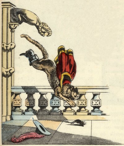 Støvlekatten, der har bedt trolden om at blive til en mus, springer for at fortære den. Illustration af Charles Perraults fortælling "Le chat botte" af Unknown artist