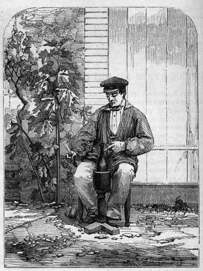 Aftapning af champagnevin. Stik fra 1864. af Unknown artist
