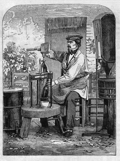 Aftapning af champagnevin. Stik fra 1864. af Unknown artist