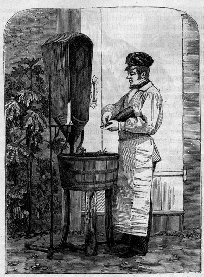 Aftapning af champagnevin. Stik fra 1864. af Unknown artist