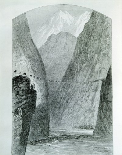 Broen over Apurimac-floden, gravering. Peru af Unknown artist