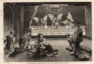 Sommerfugleballetten i Gankiro Theatre, i Miyozaki Pleasure District i Yokohama. Gravering til illustration af rejsen til Japan af Aime Humbert, minister for det schweiziske forbund, i 1863-1864, udgivet i "" le tour du monde"", under den dystre af Unknown artist