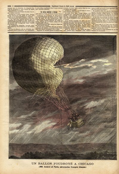Den fangede ballon (fangeballon) af de franske herrer Godard og Panis, offer for en ulykke forårsaget af stormen den 7. juli, på jorden til verdensudstillingen i Chicago, i fuld flyvning, ballonen blev ramt og ramt, hvilket gjorde ondt to flyvere gr af Unknown artist