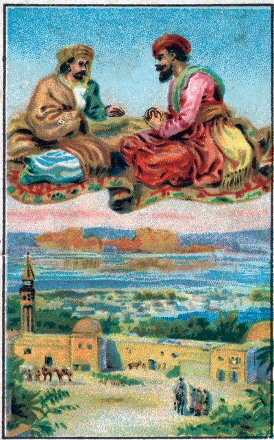 Tæppet glæder. Historien om Prins Ahmed og gebyret Paris-Banou (Pari Banou) (Paribanu). Fortælling om 1001 nætter (fortællinger om de tusinde og en nat). Kromolitografi i slutningen af det 19. århundrede. af Unknown artist