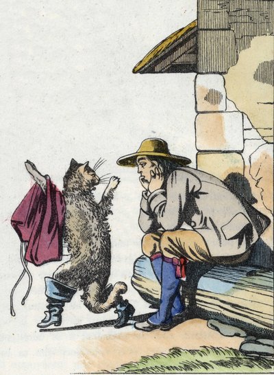 Katten beder sin herre om tøj og støvler og lover snart at blive rig. Illustration af Charles Perraults fortælling "Le chat botte" af Unknown artist